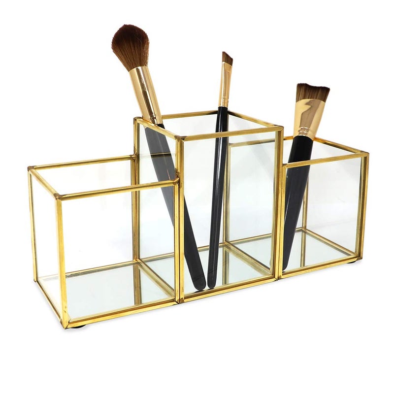 Isaac Jacobs 3-Compartment Makeup Brush Holder, Vintage Style Brass and Glass Organizer, (9.3â€ L x 3.1" W x 4.5" H) Storage Solution with Mirror Base & Taller Center Slot, for Makeup, Crafts, & More - Image 3